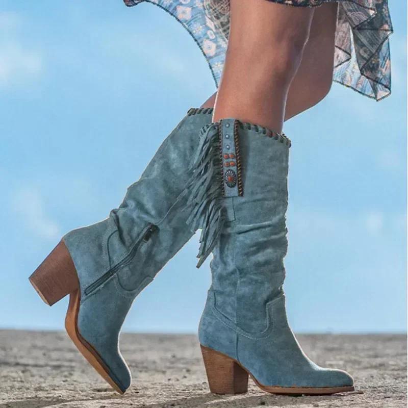 Fashion Women  High Boots Trend Retro Metal Buckle Pointed Toe Thick Heel Tassle Western Cowboy Boots Female Shoes Botas De Mujer 2024
