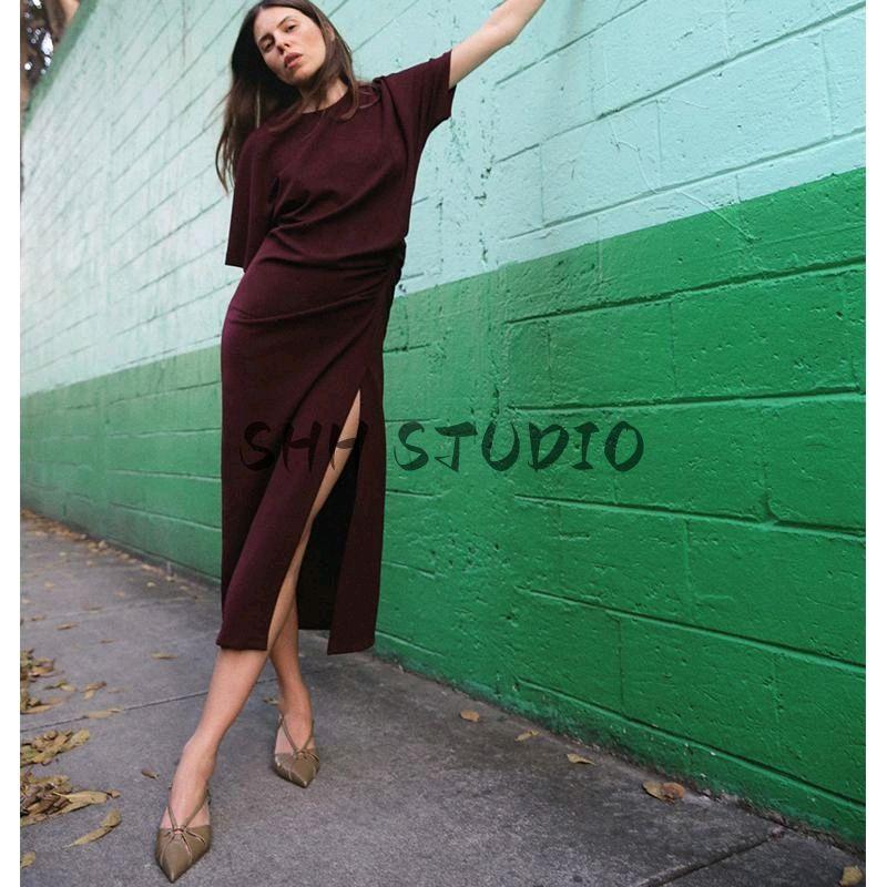 Spring New Women's Clothing Simple European and American Style Long Ruched Midi Skirt Short Sleeve Round Neck Dress 1058153
