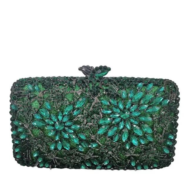 

Boutique De FGG Turquoise Blue Women Crystal Clutch Evening Bags Rhinestone Flower Minaudiere Handbags Wedding Party Purse Mini Size