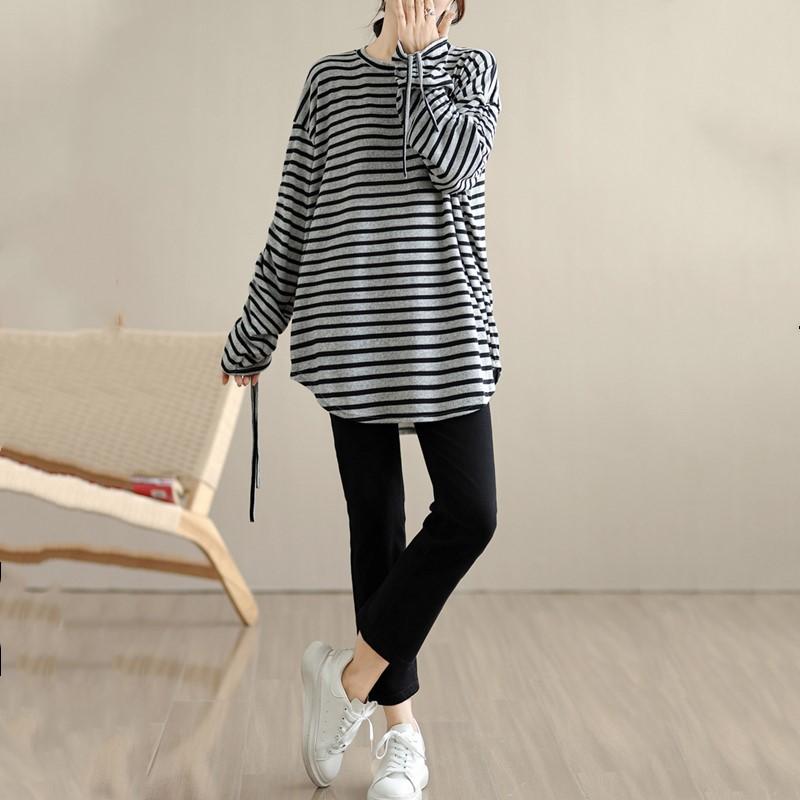 long sleeve oversized Knitted vintage stripe Casual loose spring autumn t shirt tops Women t-shirt