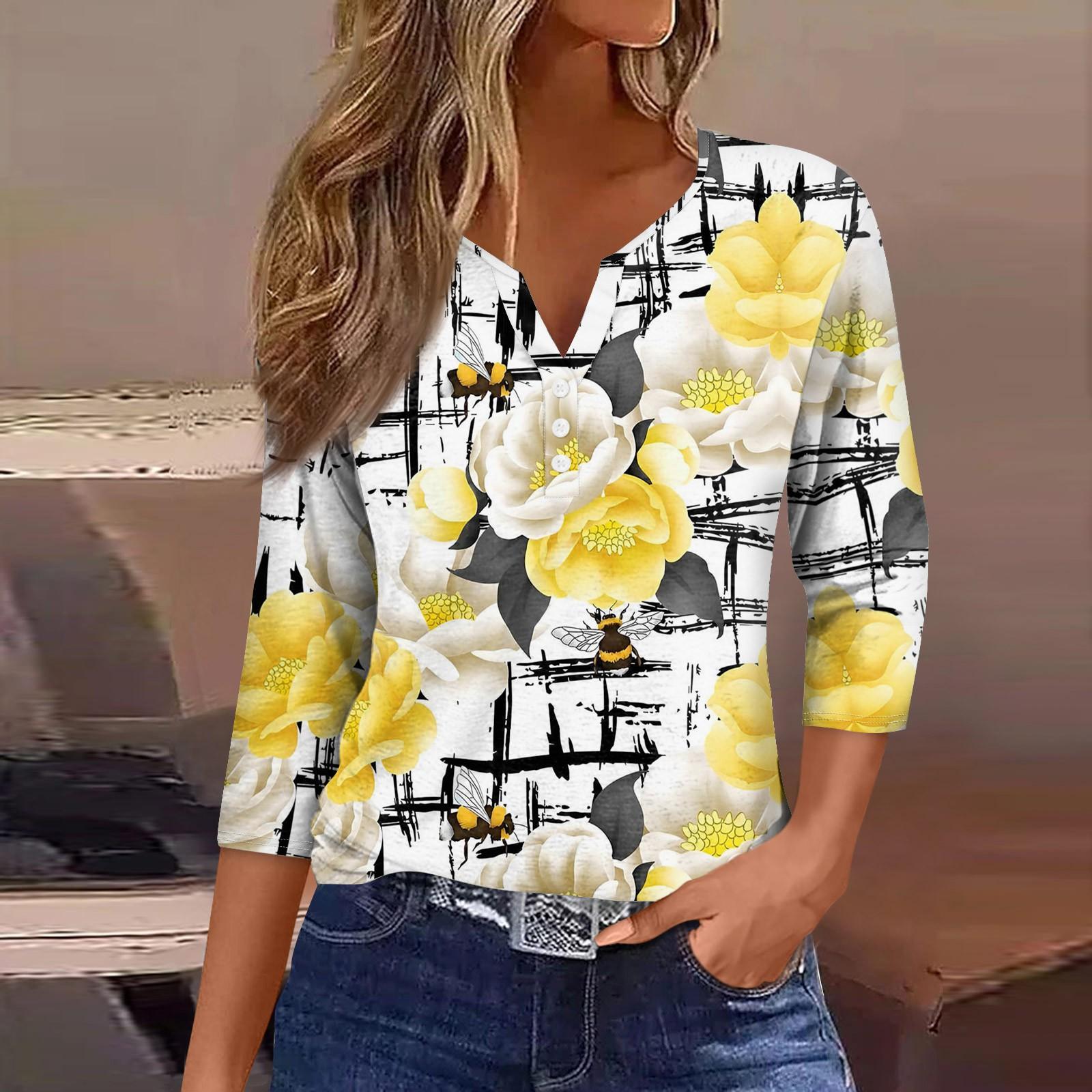 

Women s Neck Vintage Floral Print Ribbed Short Sleeve T-Shirt Top XL жёлтый