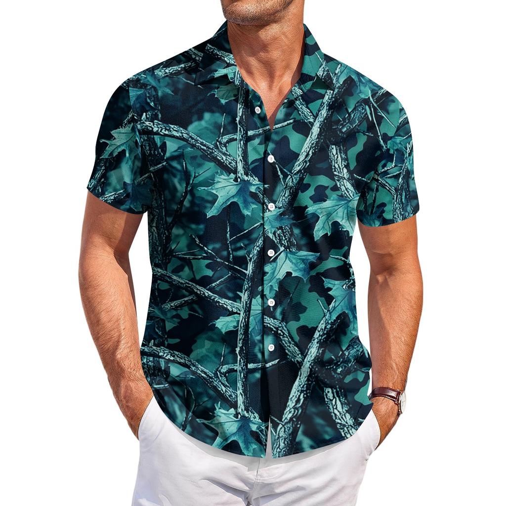 Camisa casual de manga corta para hombre con estampado de camuflaje, diseño de botones, adecuada para el uso diario, actividades al aire libre y viajes.
