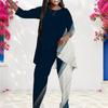 Women Plus Size Round Neck Three Quarter Sleeve Geometric Printed Layered Top Long Pants Two Piece Set