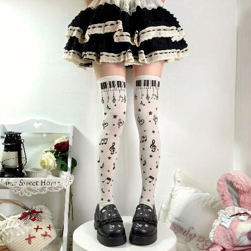 Summer Thin Music Note Sheer Pantyhose for Women Sweet Cool Lolita School Style Versatile Tights Breathable Stockings