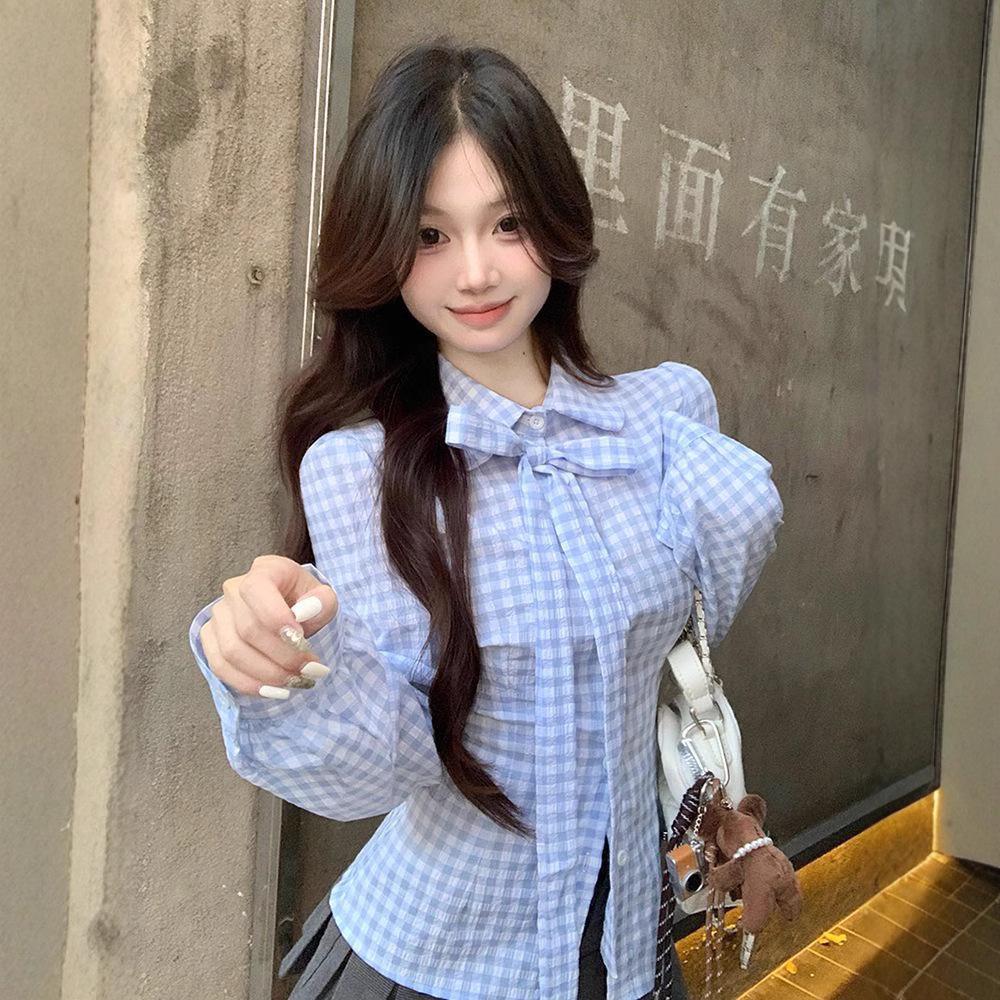 

Women s Sweet Slim Fit Blue Plaid Bowknot Long Sleeve Shirt with Polo Collar M
