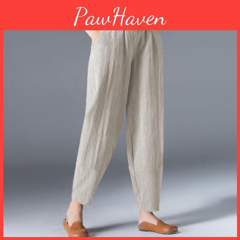 Womens Casual Size Plus Summer Loose Harem Elastic Waist Cotton Linen Thin Ninth Trousers