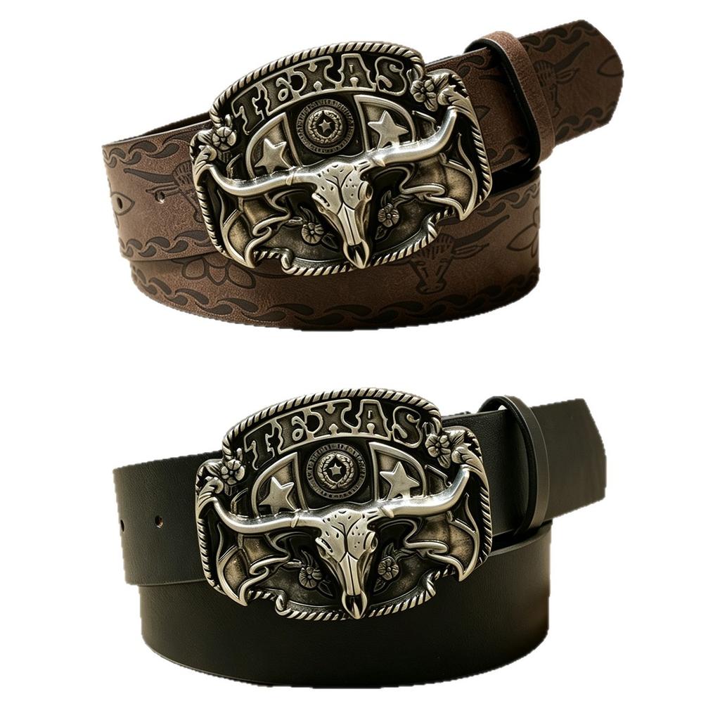 Texas retro old bull's head board buckle belt, western style relief pentagram male and female punk tooling