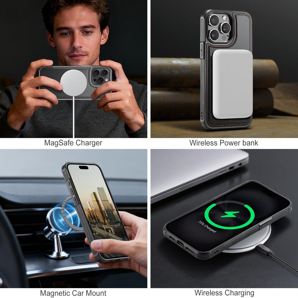 For iPhone 12 Pro 6.1 inch/iPhone 12 6.1 inch Case JEEHOOD J10 Compatible with MagSafe Leather Back Phone Cover with Detachable Card Holder Kickstand