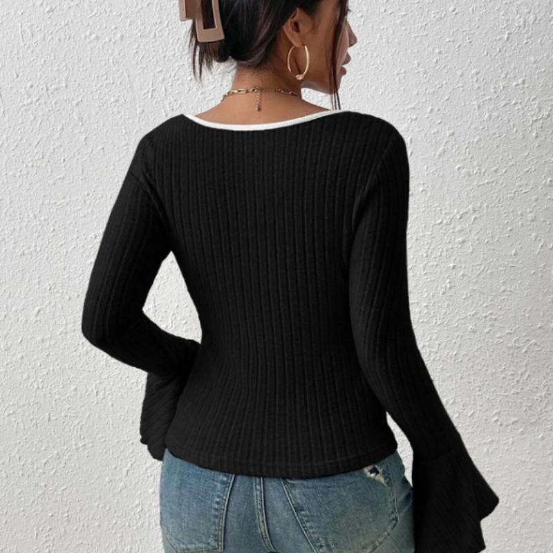 Autumn Square Collar Slim Fit Casual T Shirt for Women Fashion Vintage Flare Long Sleeve T-shirt Women Elegant Solid Winter Base Lady Tee Tops 25178