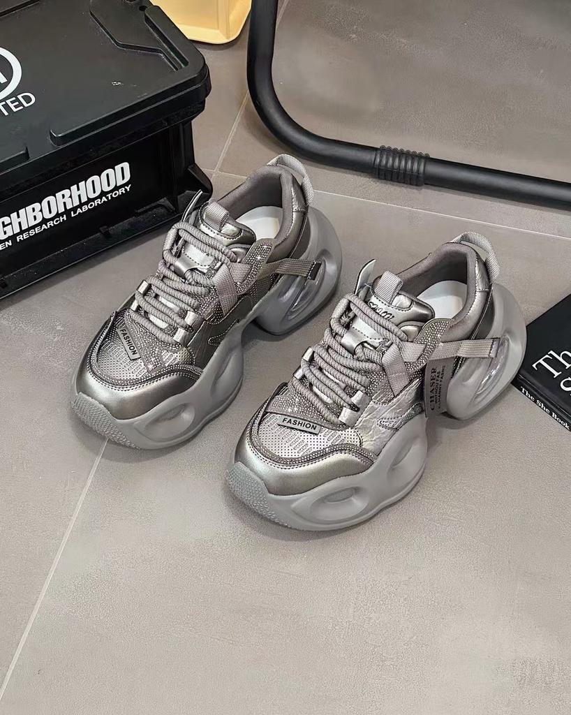 Thick-soled heightening retro dad shoes women's spring and autumn muffin shoes 2025 new women's shoes waterproof gray sneakers rhinestones