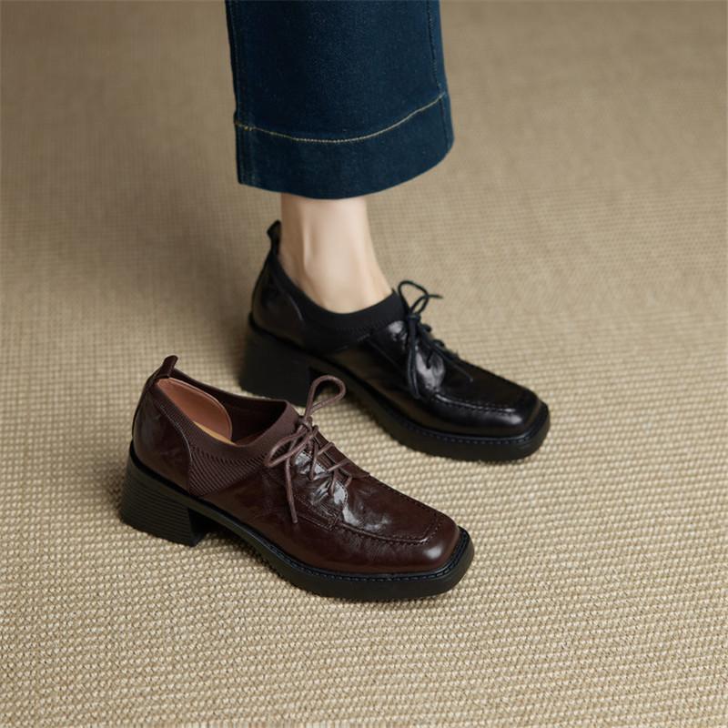 Fashion New Spring/autumn Genuine Leather Women Shoes Square Toe Loafers Shoes for Women Fashion Lace Chunky High Heels Women Pumps