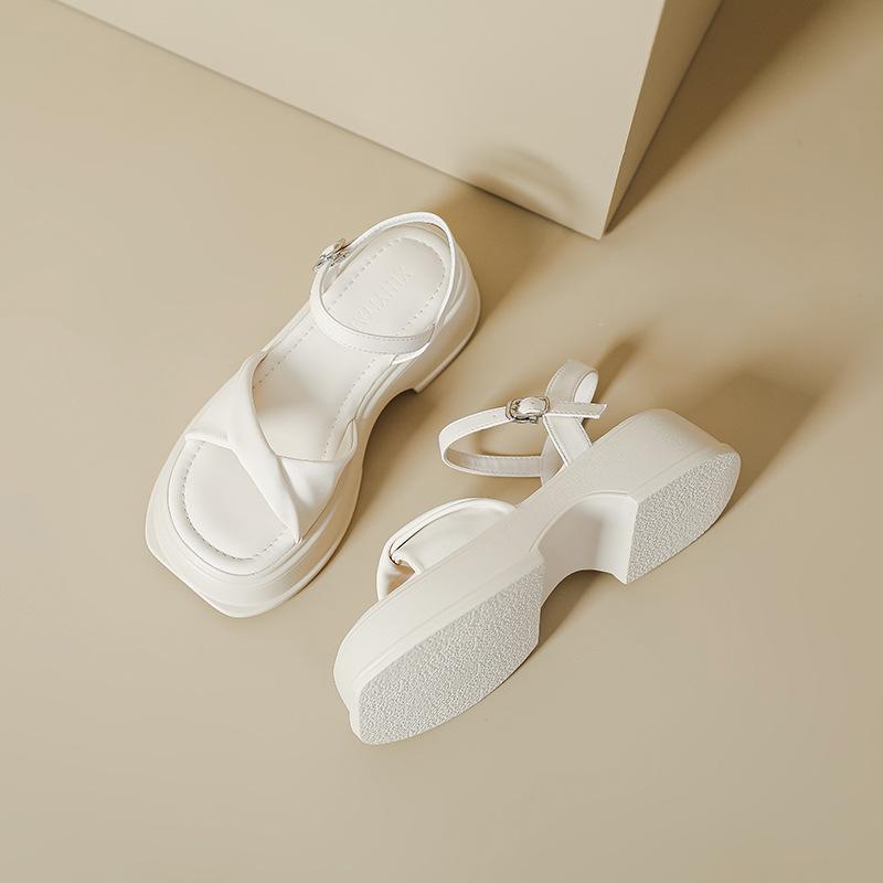 

Sandals women s summer thick-soled heightening one-word buckle Roman shoes white with skirt soft-soled outer wear flat-soled beach shoes 33