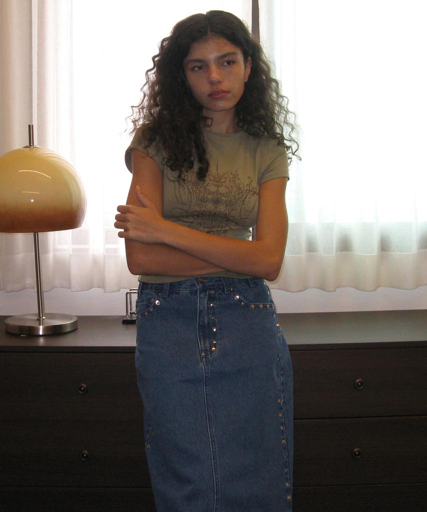 Partimento Woman Studded Denim Maxi Skirt_Mid Blue