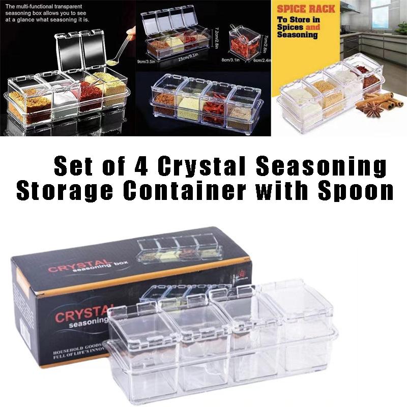 Clear Seasoning Box Set of 4 Crystal Seasoning Storage Container with Spoon Clear Seasoning Rack Spice Pots for Pepper Spice