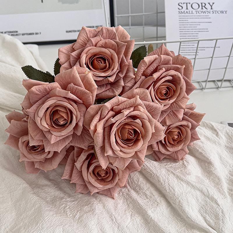 7-Head Embossed Cappuccino Rose Bouquet: Artificial Wedding Car Decoration with High-End Feel
