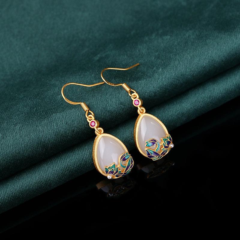 Palace Style Resin & Enamel Painted 925 Sterling Silver Gold Plated Drop Earrings with Inlaid Hetian Jade Gold Plated
