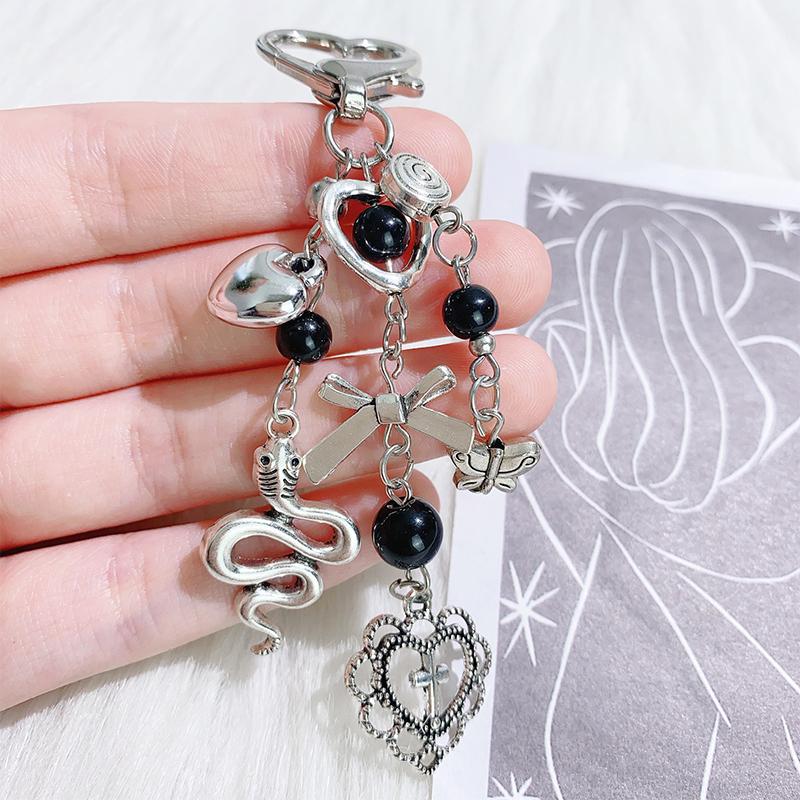 Y2K Punk Heart Snake Bow Pendant Keychain Personality Sweet Cool Beaded Keyring  Bag Charms Key Holder Gifts