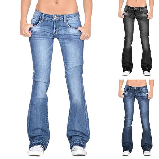 Casual Lady Jeans Mid Waist Plus Size Flare Design Denim Pants for Daily Wear