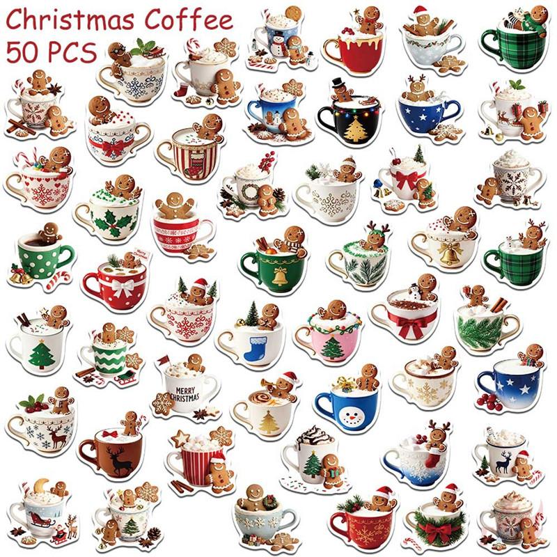 

50Pcs/Set Merry Christmas. Gingerbread Man & Mocha Coffee Stickers DIY Fashion Waterproof Doodle Decals Stickers