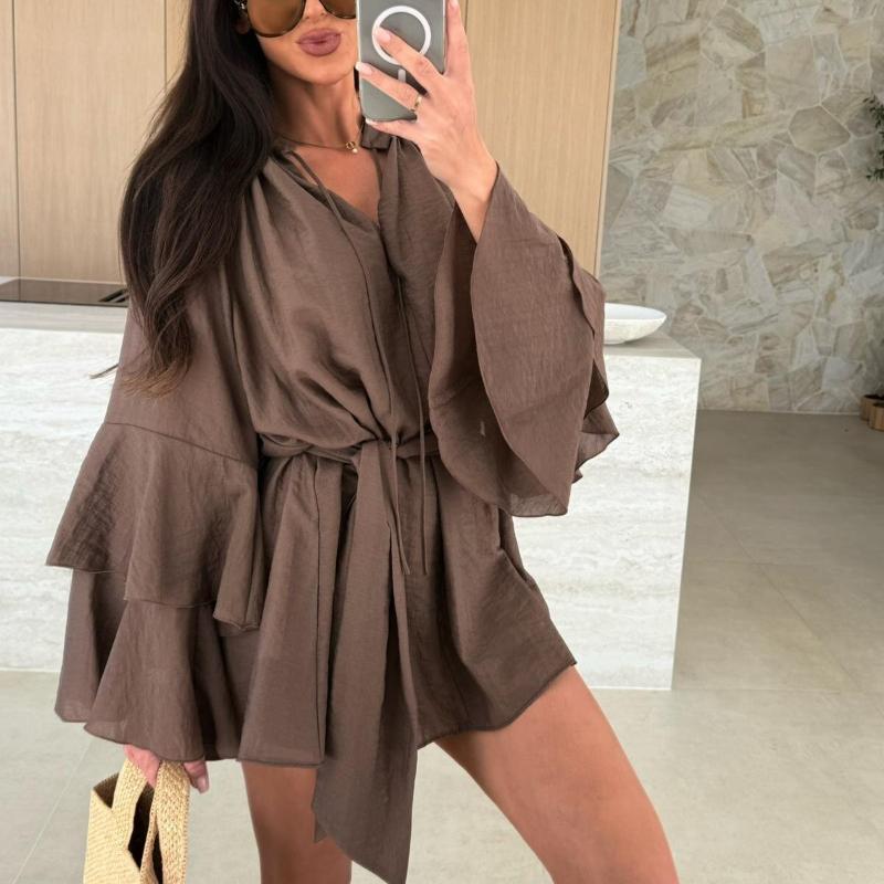 JKASHDK Women's Fashion Spring Fall Solid Color Print Long Sleeve V-Neckk High Waist Casual Dresses