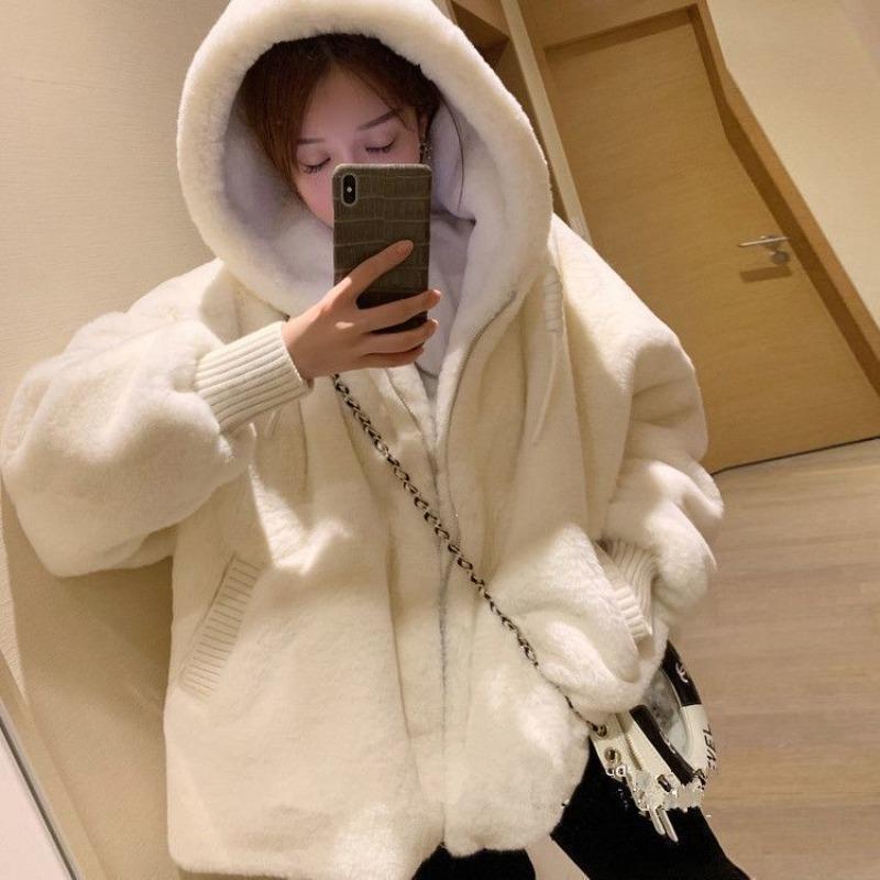 Autumn and Winter Lamb Wool Imitation Fur Plush Coat Women's Light Medium and Long Imitation Rex Rabbit Hair Hooded Loose Coat