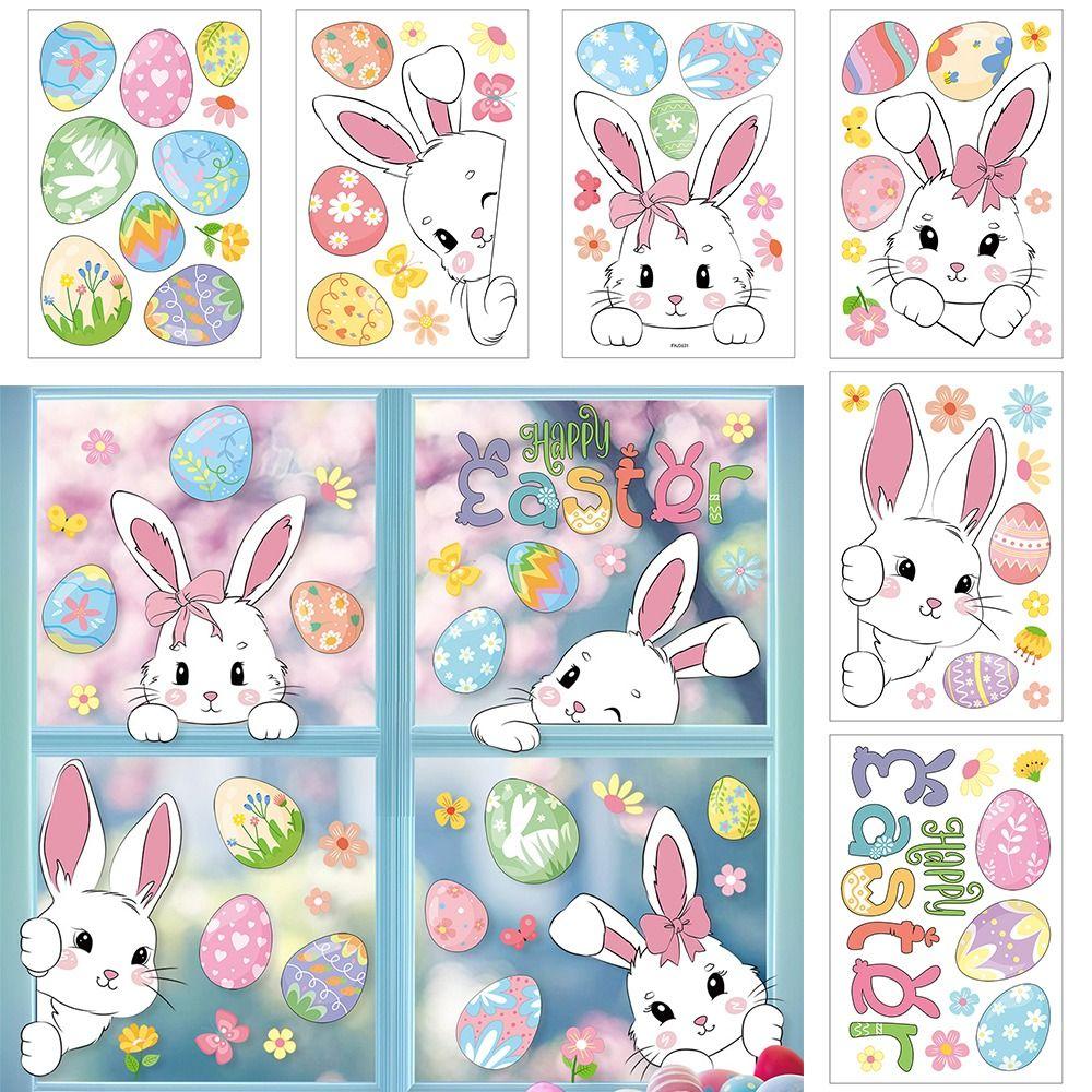 Cartoon Rabbit Happy Easter Static Sticker PVC Easter Eggs Electrostatic Sticker Ornament Flower Decorative Decals Spring
