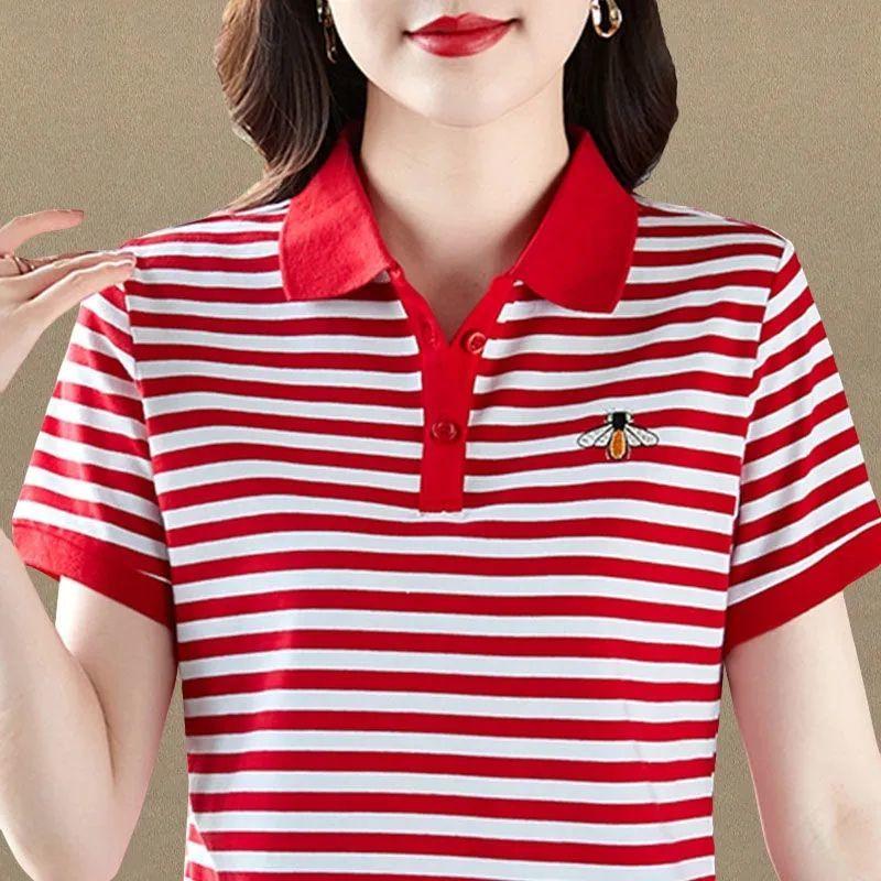 Korean Women Short Sleeve Stripe Polo Shirts Summer New Fashion Pattern Casual T-Shirt All-match Lapel Pullover Big Size Tops