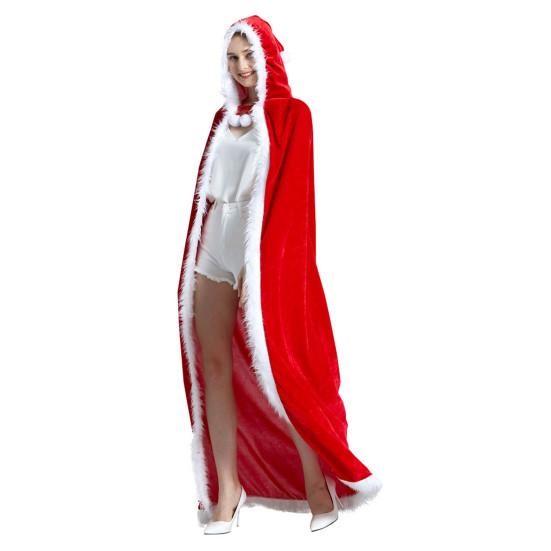 Fur Ball Decor Hooded Flurry Trim Lace-up Christmas Cloak Women Long Type Thick Warm Xmas Cape Party Costume