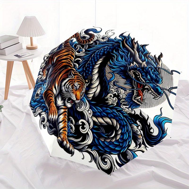 

1pc Blue Dragon vs Tiger Automatic Opening and Closing Umbrella, Lightweight 3-Fold, With Cute Cartoon Characters, Suitable for Home, Outdoor and