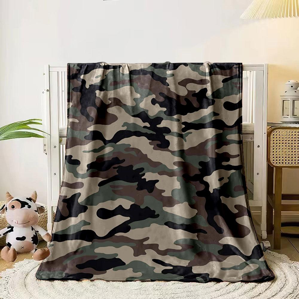 The image features a green, brown, black, and beige camouflage pattern. for all seasons blanket lunch break throw gift 80cm x 120cm