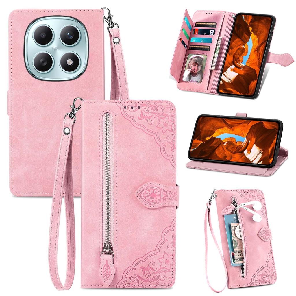 Handyhülle für Xiaomi Poco M8 5G/Redmi Note 15 5G (Global)/15 4G (Global) Reißverschluss-Portemonnaie mit Riemen, Blumenprägung, PU-Leder, Handyhülle