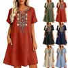 Damen Freizeit lockerer Schnitt besticktes Kleid Kurzarm V-Ausschnitt schlichtes Tunikakleid mit Taschen Leicht bequem