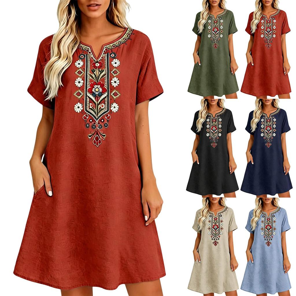 Damen Freizeit lockerer Schnitt besticktes Kleid Kurzarm V-Ausschnitt schlichtes Tunikakleid mit Taschen Leicht bequem