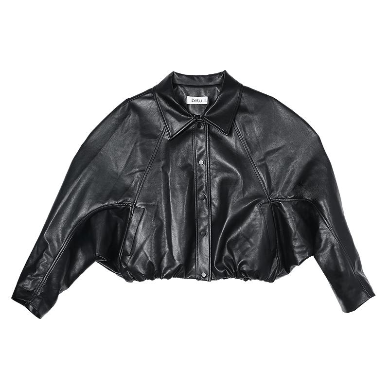 Baitu Women's Autumn Soft PU Leather Short Jacket