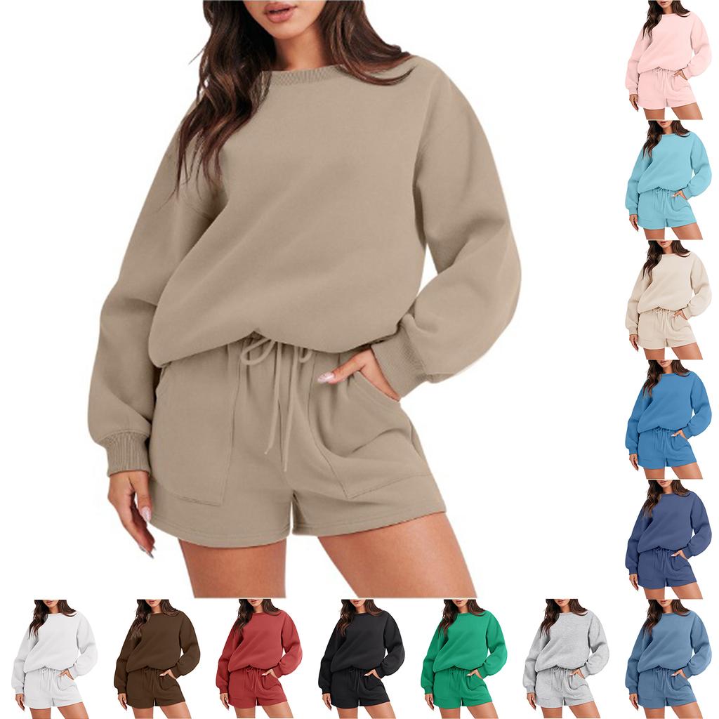 Women's Fashion Sportswear Casual Long-Sleeved Pullover Sweatshirt Drawstring Shorts Set