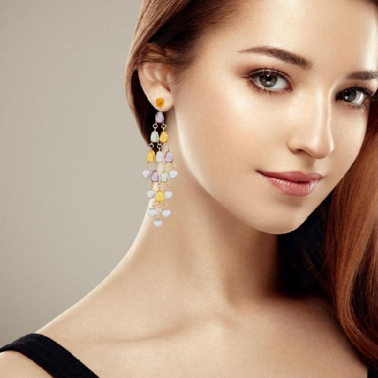 Unique Exotic Bohemian Tassels Earrings Colored Gemstones Chandelier Dangle Earrings Elegant Women's Party Accessories