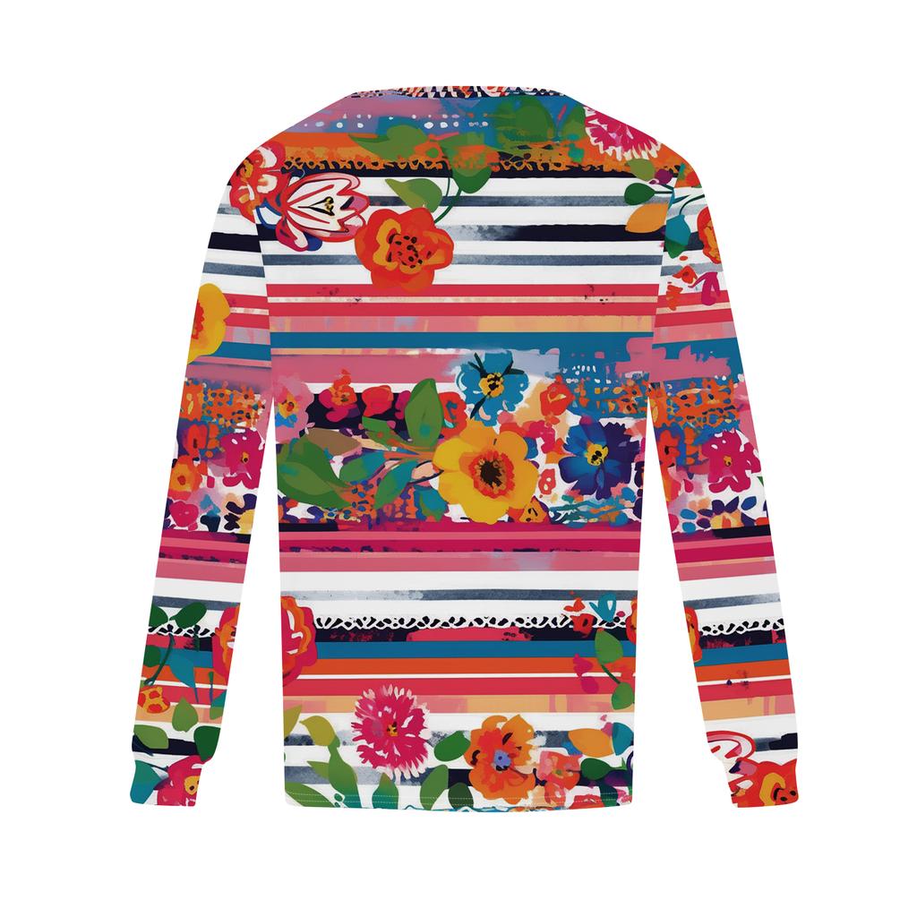 Women's Fashion Casual Pleated Round Neck Vintage Floral Print Long Sleeve T,Shirt Top