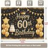 2D Black Gold Happy 60th Birthday Backdrop Crown Balloon Cake Party Decoration Banner