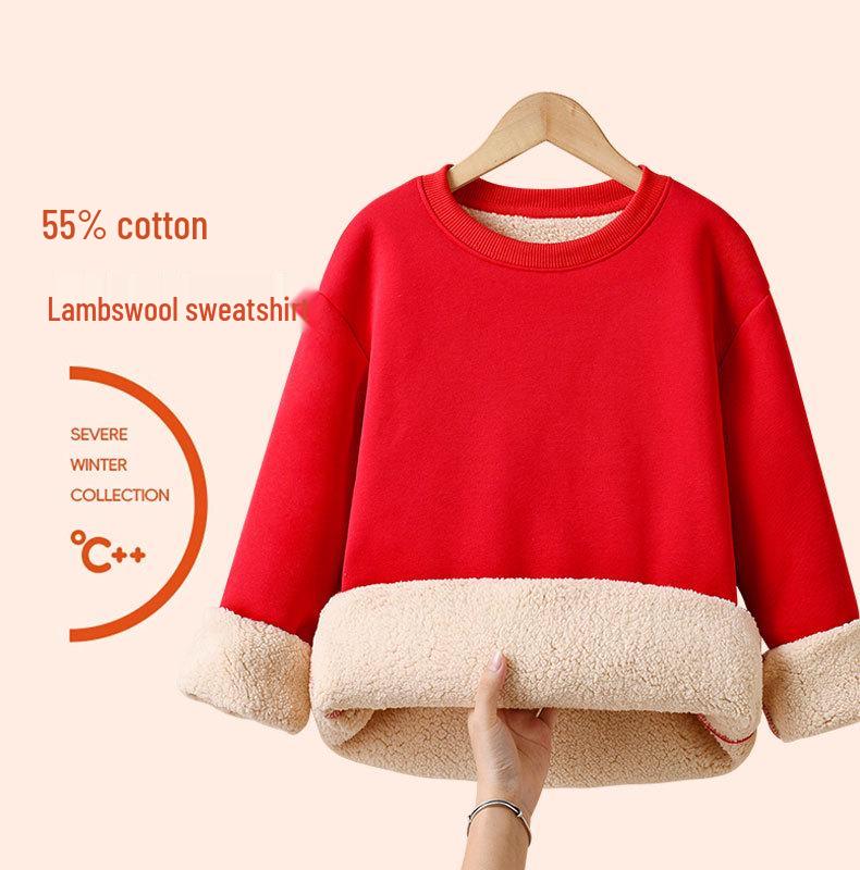 Children's Red Fleece-Lined New Year Hoodie - Thick, Warm Pullover for Medium and Large Kids