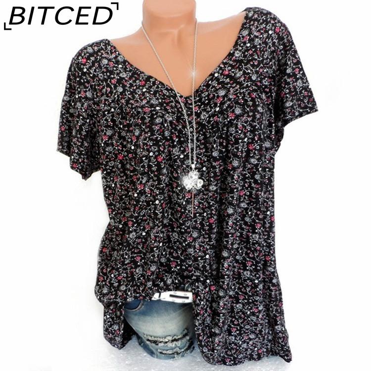 BITCED Women s Summer V-Neck Loose-Fit Short-Sleeved Printed T-Shirt Top S