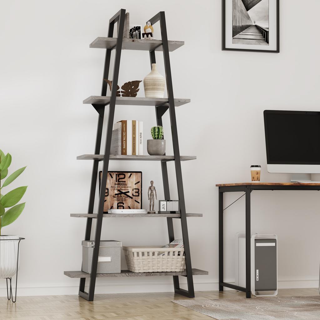 Bookshelf 5 Tier Industrial Wood, Tall Open Rustic Etagere Bookcase Ladder,Standing Display Shelves for Home Living Room Bedroom