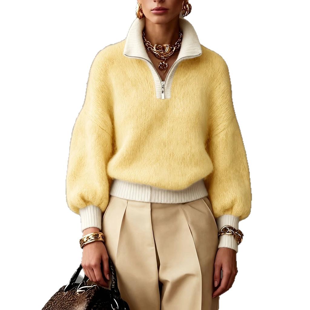 New European and American style half-open zipper turtleneck knitted sweater women's lazy sweater knitted top
