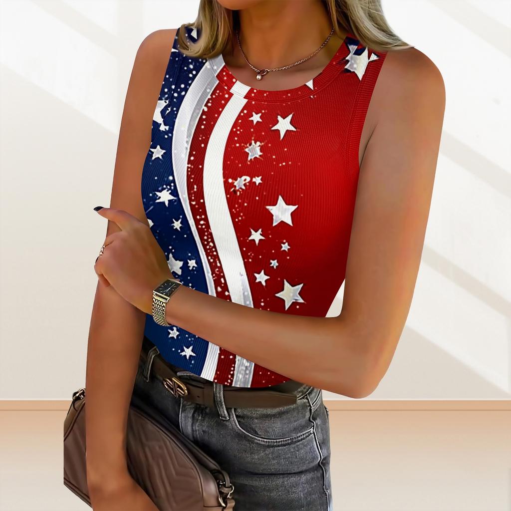 Women's Summer Fashionable Casual Independence Day Printed Round Neck Sleeveless Top Fitted Vest