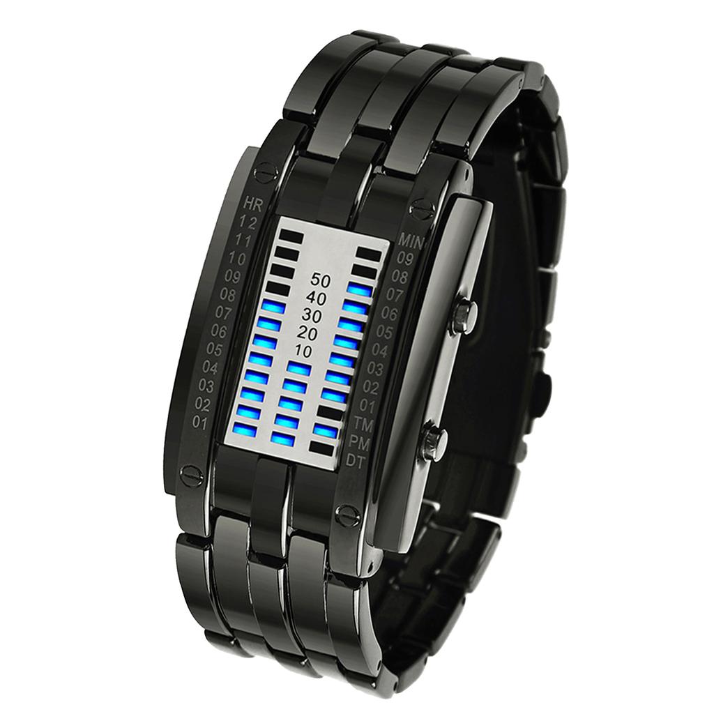 Mens Binary Watch Casual Sports Blue Backlight Fashion Quartz Movement LED Digital Wristwatch for Outdoor Parties Black