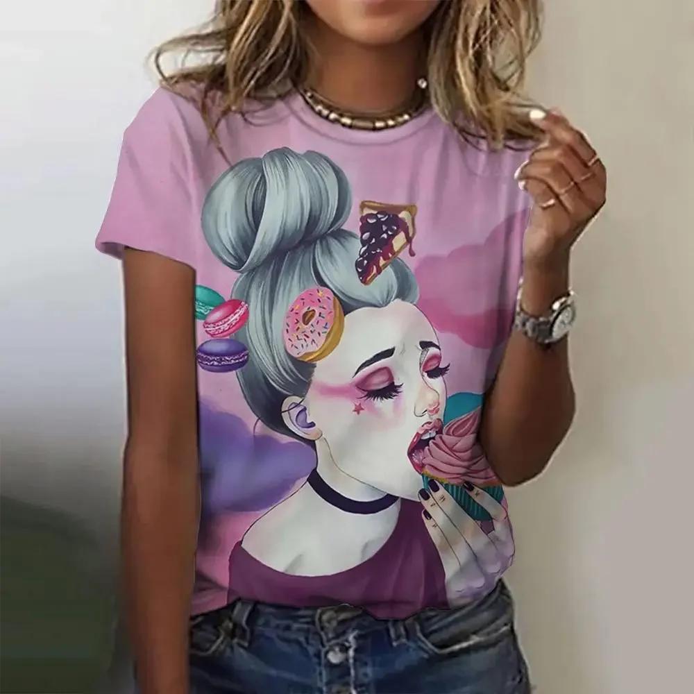 New Women's Cartoon Character Printed T-shirt Harajuku Retro Short Sleeved T-shirt Fun Round Neck Top Plus Size Women's Clothing