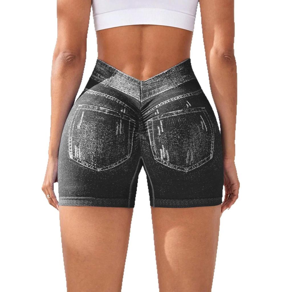 Shorts de Yoga Sexy Sans Coutures Imitation Denim pour Femmes Leggings de Sport pour la Course à Pied Féminins Ruchés Skinny Gym Fitness Pantalon Court