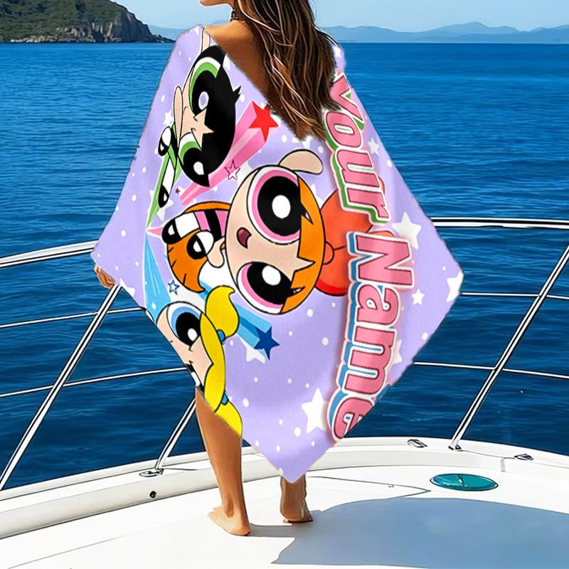 1pc Powerpuff Beach Towel with Custom Name, Beach and Seaside Swimming Pool Equipment, Fashion Pattern, Rectangular, Travel Essential