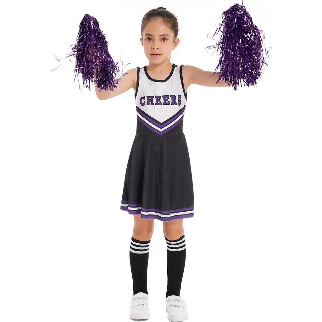 Set di Abbigliamento Cheerleading per Ragazze Senza Maniche Girocollo Stampa Lettere Stile Patchwork Vestito da Danza Calzini con Fiore Cheer