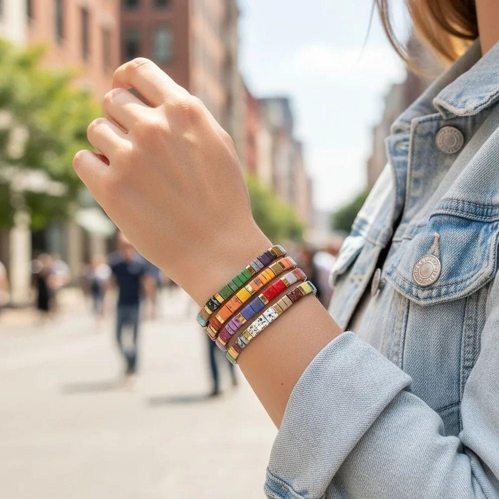 Geometric Type Elastic Bracelet Colorful Stackable Bracelet Fashion Tila Beads Bracelet  Women