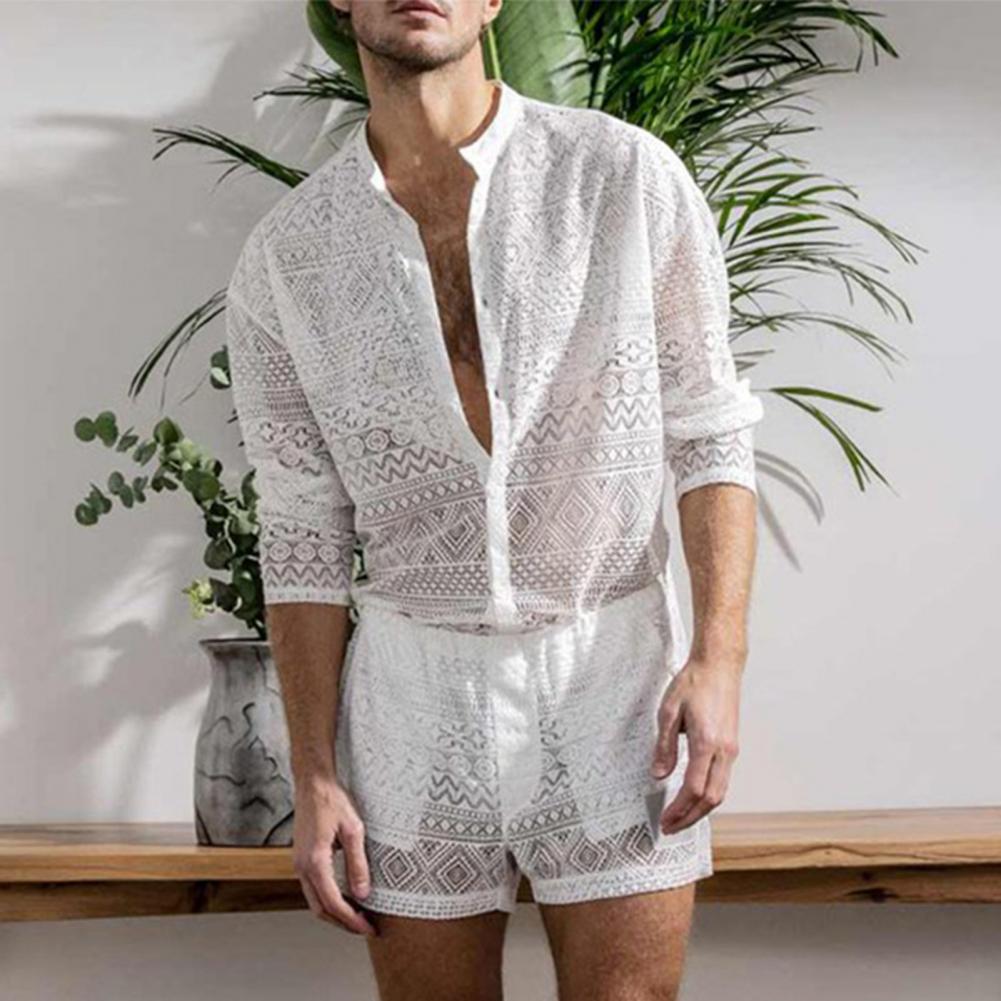 1 sada Populární pánský outfit Sexy muži Top šortky Hollow Out Průhledné Háčkované Košile Šortky Single Breasted